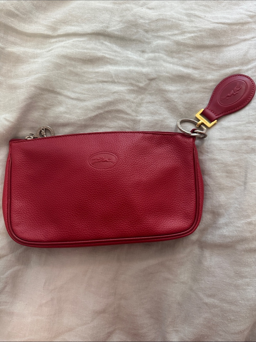 Longchamp Vintage Red Leather Clutch & Keychain